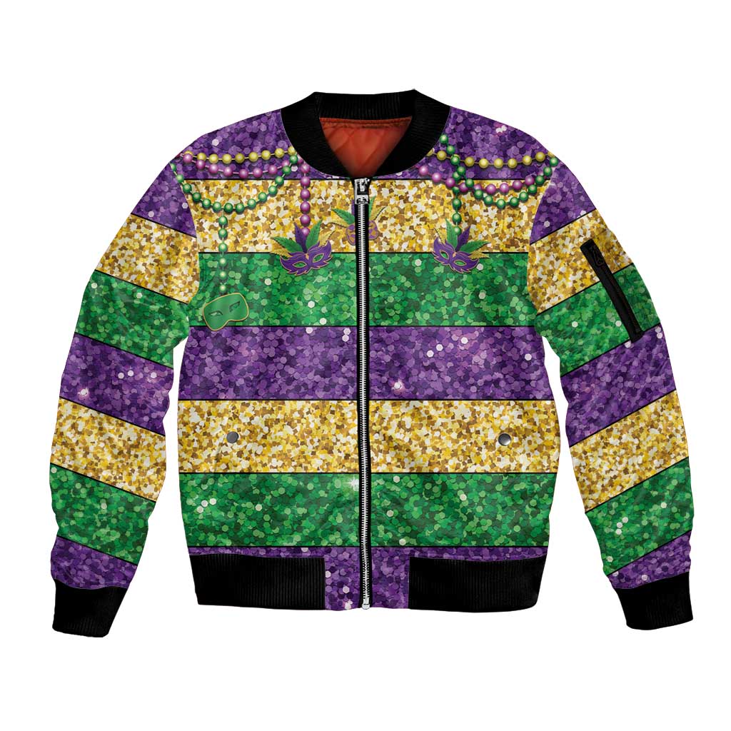 Mardi Gras Stripes Sleeve Zip Bomber Jacket Carnival Beads & Masks