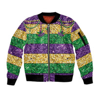 Mardi Gras Stripes Sleeve Zip Bomber Jacket Carnival Beads & Masks