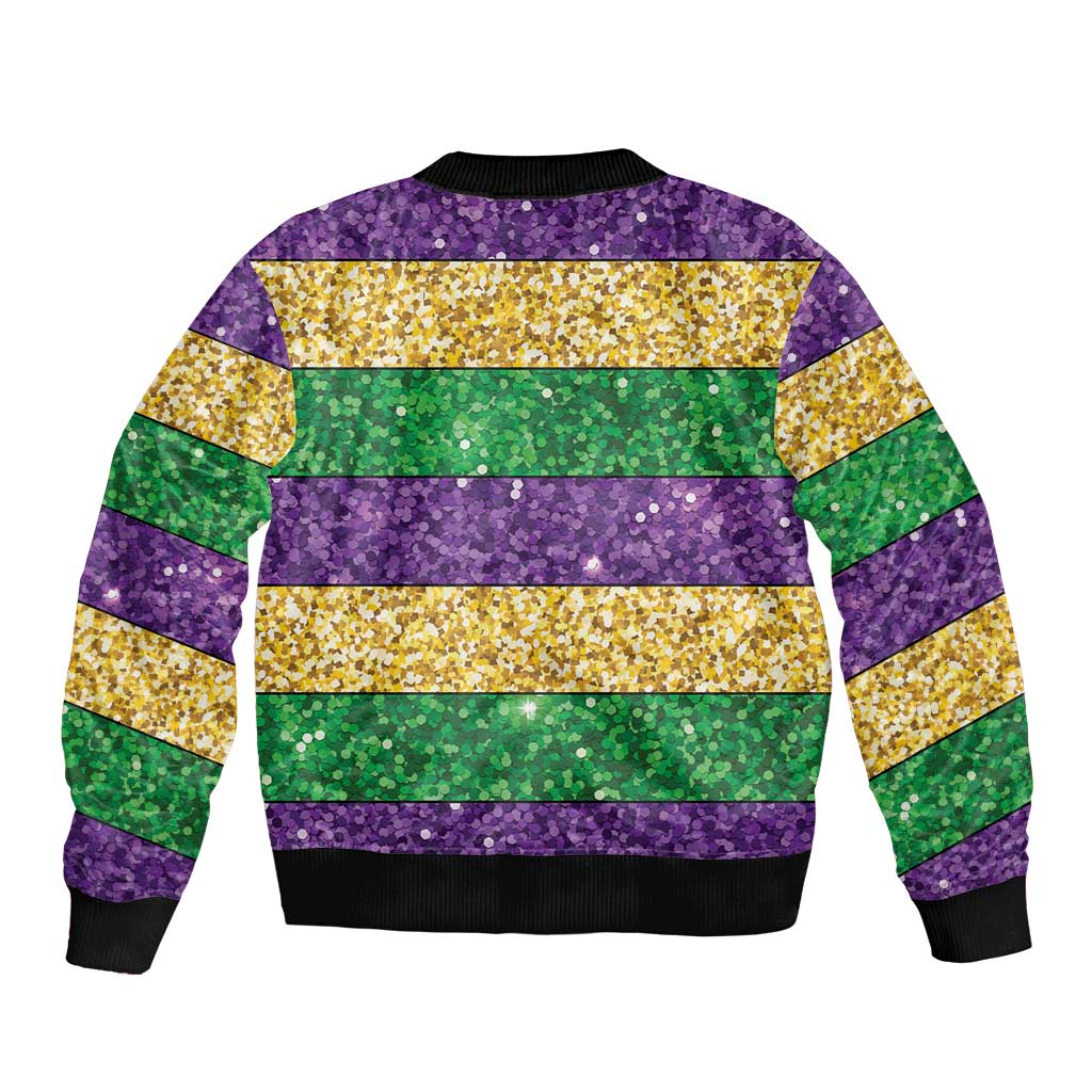 Mardi Gras Stripes Sleeve Zip Bomber Jacket Carnival Beads & Masks