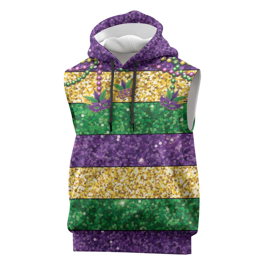 Mardi Gras Stripes Sleeveless Hoodie Carnival Beads & Masks