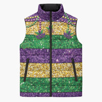 Mardi Gras Stripes Sleeveless Puffer Jacket Carnival Beads & Masks