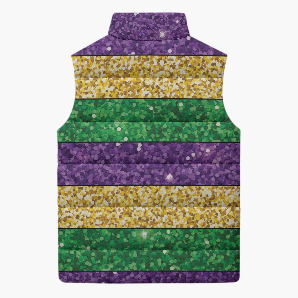 Mardi Gras Stripes Sleeveless Puffer Jacket Carnival Beads & Masks