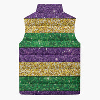 Mardi Gras Stripes Sleeveless Puffer Jacket Carnival Beads & Masks