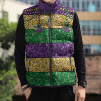 Mardi Gras Stripes Sleeveless Puffer Jacket Carnival Beads & Masks