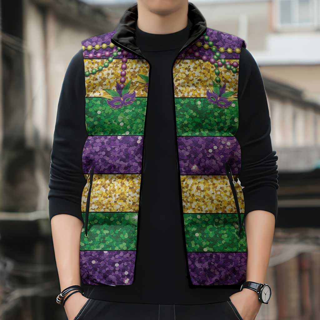 Mardi Gras Stripes Sleeveless Puffer Jacket Carnival Beads & Masks