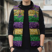 Mardi Gras Stripes Sleeveless Puffer Jacket Carnival Beads & Masks