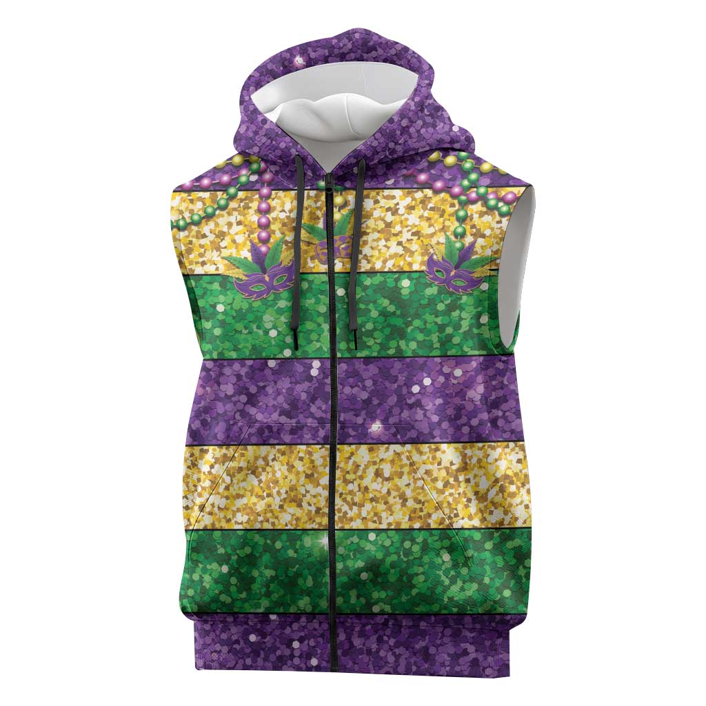 Mardi Gras Stripes Sleeveless Zip Hoodie Carnival Beads & Masks