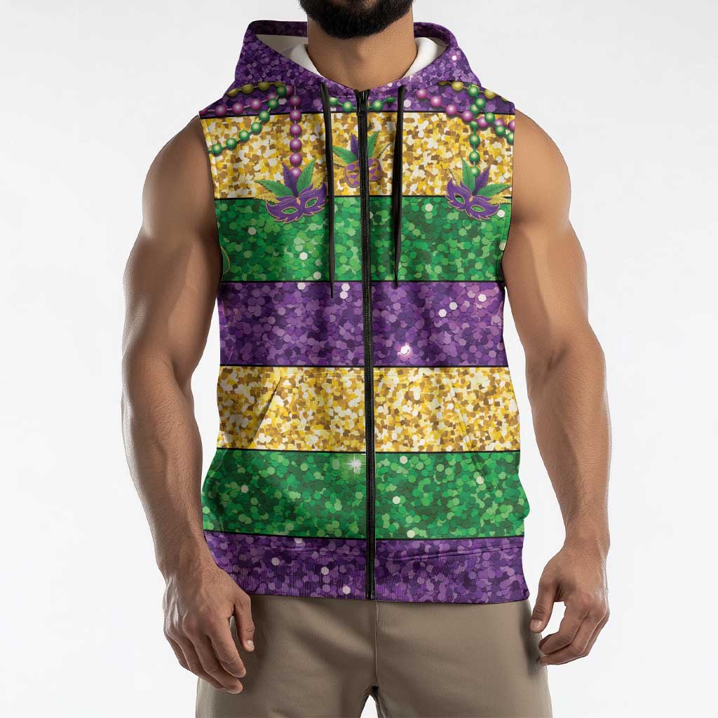 Mardi Gras Stripes Sleeveless Zip Hoodie Carnival Beads & Masks