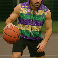 Mardi Gras Stripes Sleeveless Zip Hoodie Carnival Beads & Masks