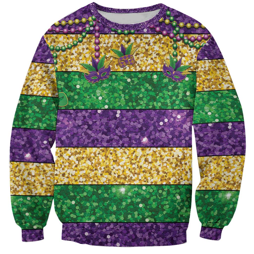 Mardi Gras Stripes Sweatshirt Carnival Beads & Masks