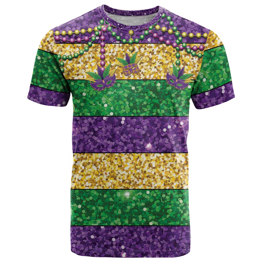 Mardi Gras Stripes T Shirt Carnival Beads & Masks