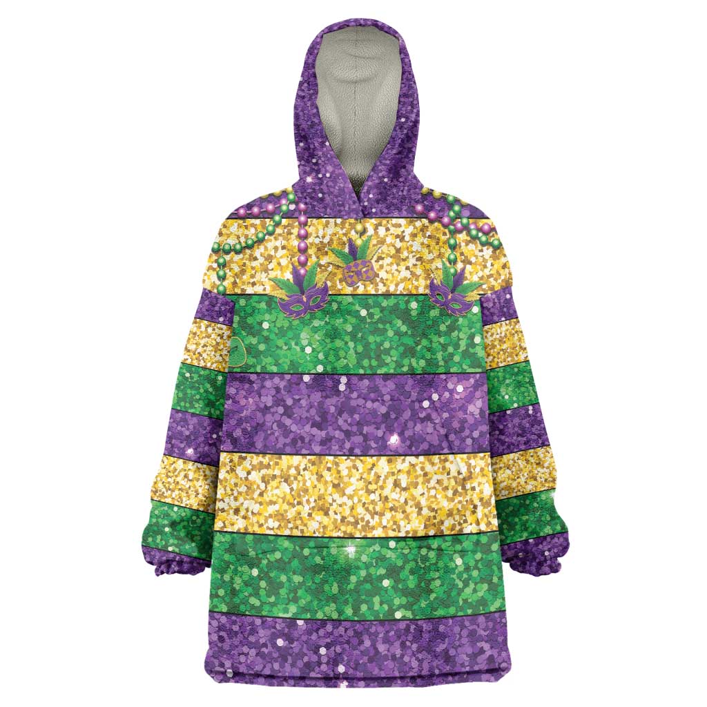 Mardi Gras Stripes Wearable Blanket Hoodie Carnival Beads & Masks