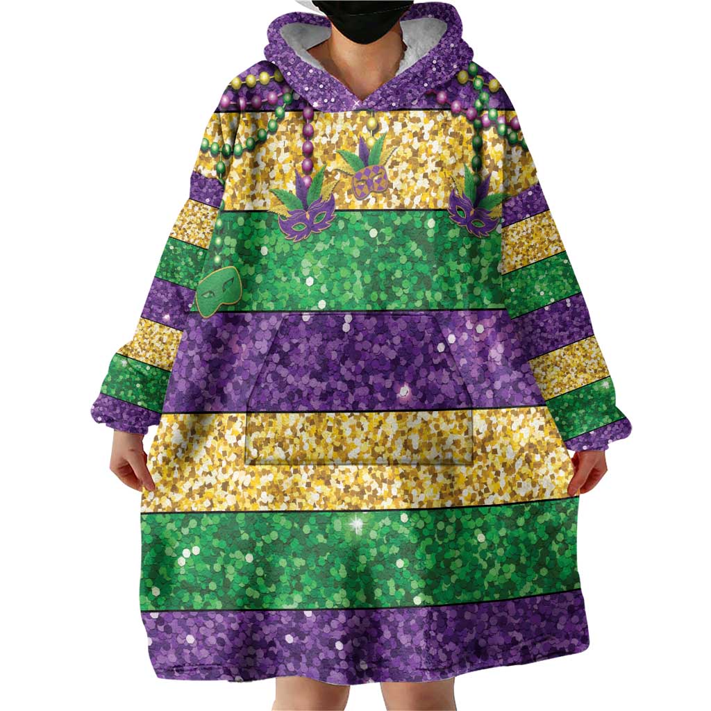 Mardi Gras Stripes Wearable Blanket Hoodie Carnival Beads & Masks