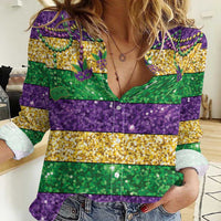 Mardi Gras Stripes Women Casual Shirt Carnival Beads & Masks