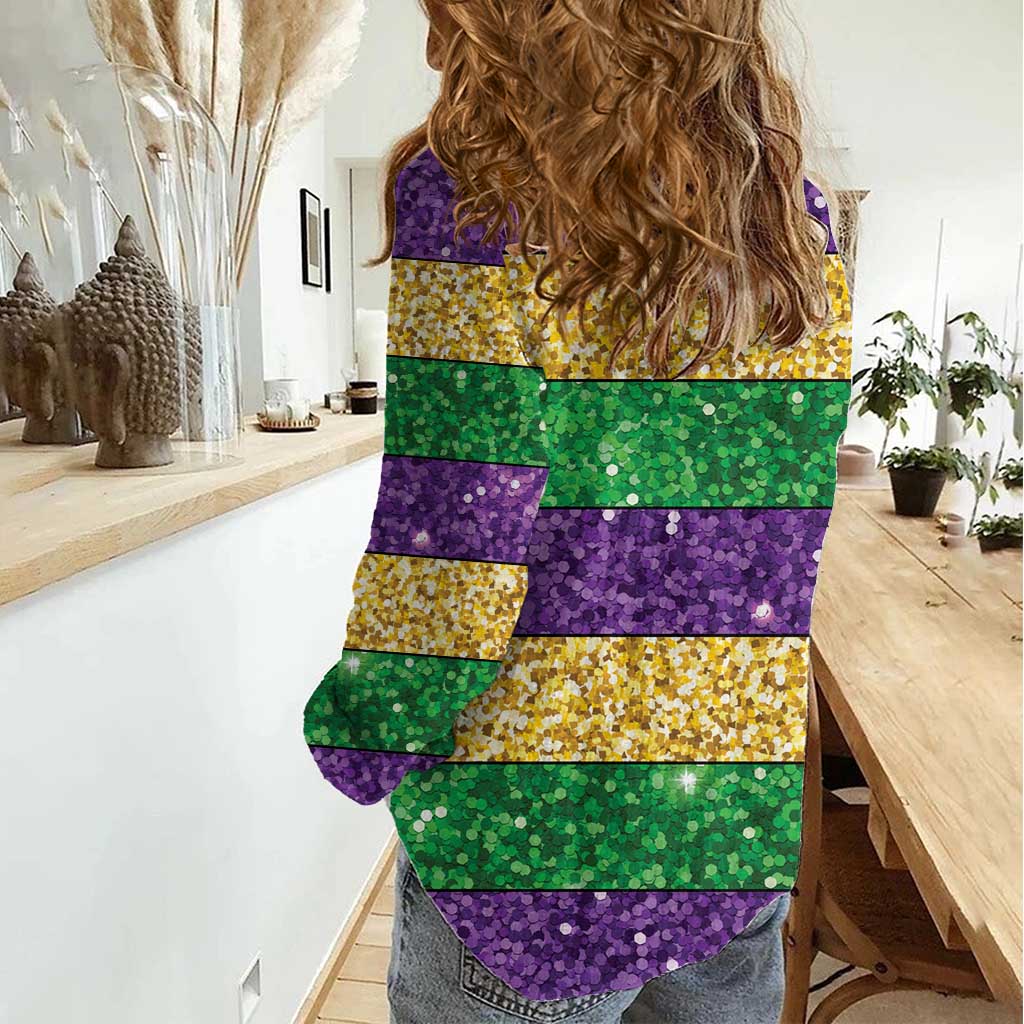 Mardi Gras Stripes Women Casual Shirt Carnival Beads & Masks