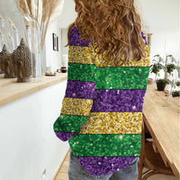 Mardi Gras Stripes Women Casual Shirt Carnival Beads & Masks