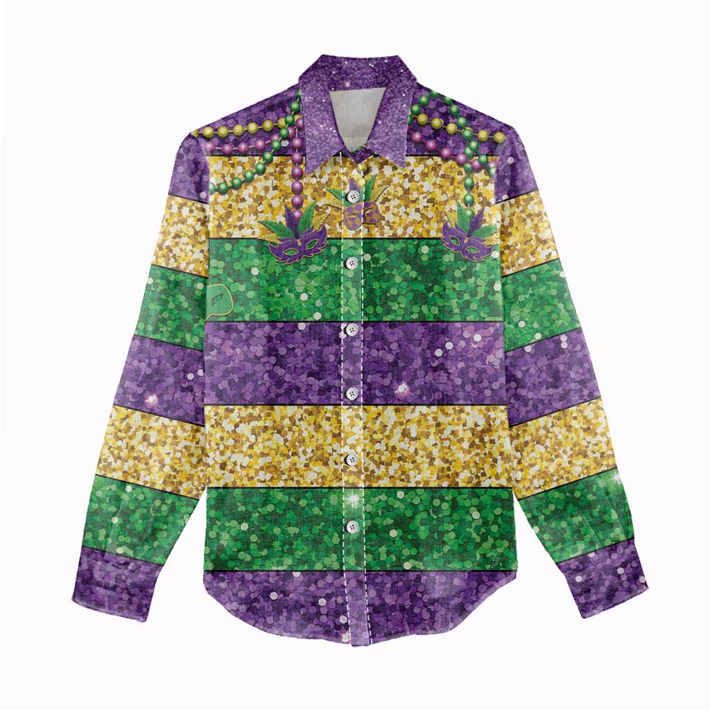 Mardi Gras Stripes Women Casual Shirt Carnival Beads & Masks