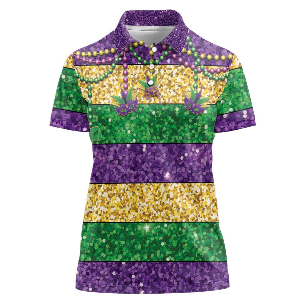 Mardi Gras Stripes Women Polo Shirt Carnival Beads & Masks