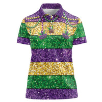 Mardi Gras Stripes Women Polo Shirt Carnival Beads & Masks