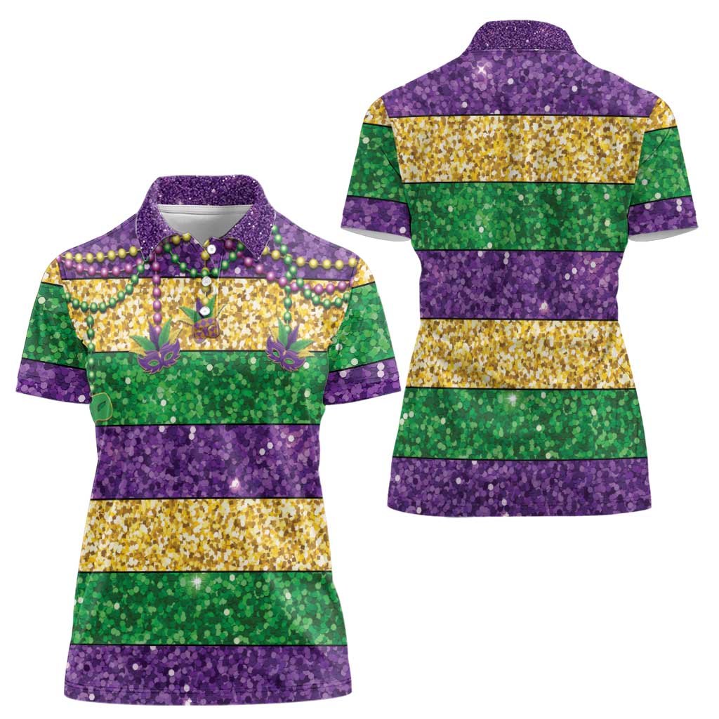 Mardi Gras Stripes Women Polo Shirt Carnival Beads & Masks