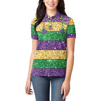 Mardi Gras Stripes Women Polo Shirt Carnival Beads & Masks