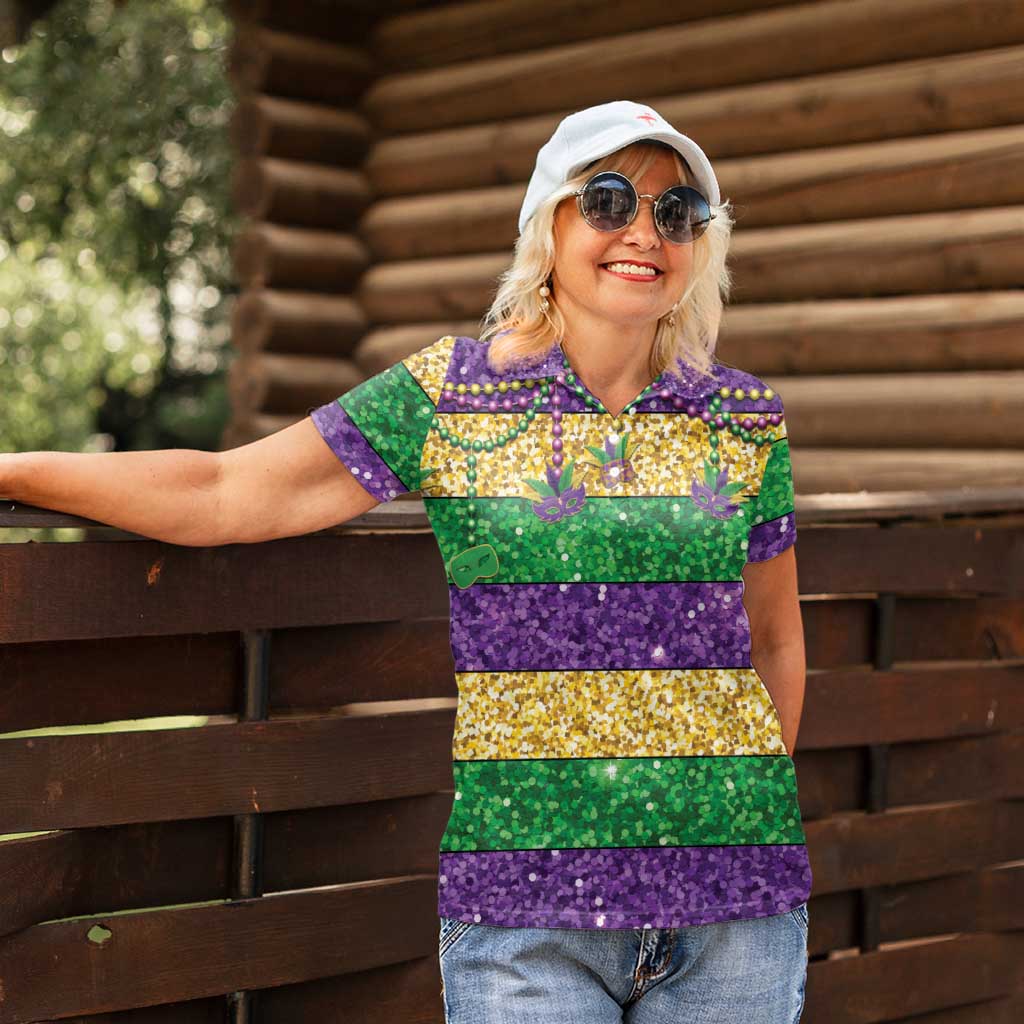 Mardi Gras Stripes Women Polo Shirt Carnival Beads & Masks