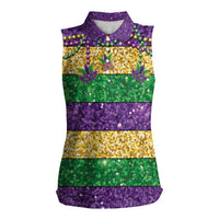 Mardi Gras Stripes Women Sleeveless Polo Shirt Carnival Beads & Masks
