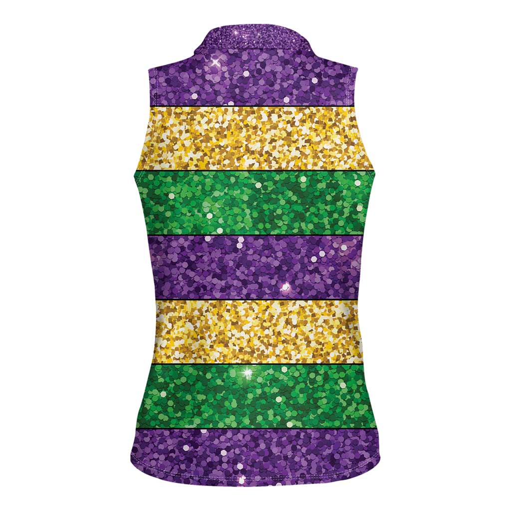 Mardi Gras Stripes Women Sleeveless Polo Shirt Carnival Beads & Masks