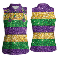Mardi Gras Stripes Women Sleeveless Polo Shirt Carnival Beads & Masks