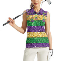 Mardi Gras Stripes Women Sleeveless Polo Shirt Carnival Beads & Masks
