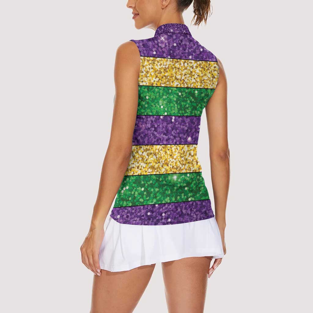 Mardi Gras Stripes Women Sleeveless Polo Shirt Carnival Beads & Masks