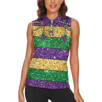 Mardi Gras Stripes Women Sleeveless Polo Shirt Carnival Beads & Masks