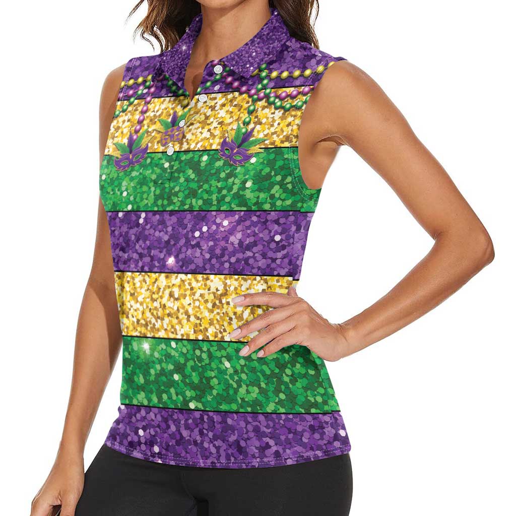 Mardi Gras Stripes Women Sleeveless Polo Shirt Carnival Beads & Masks