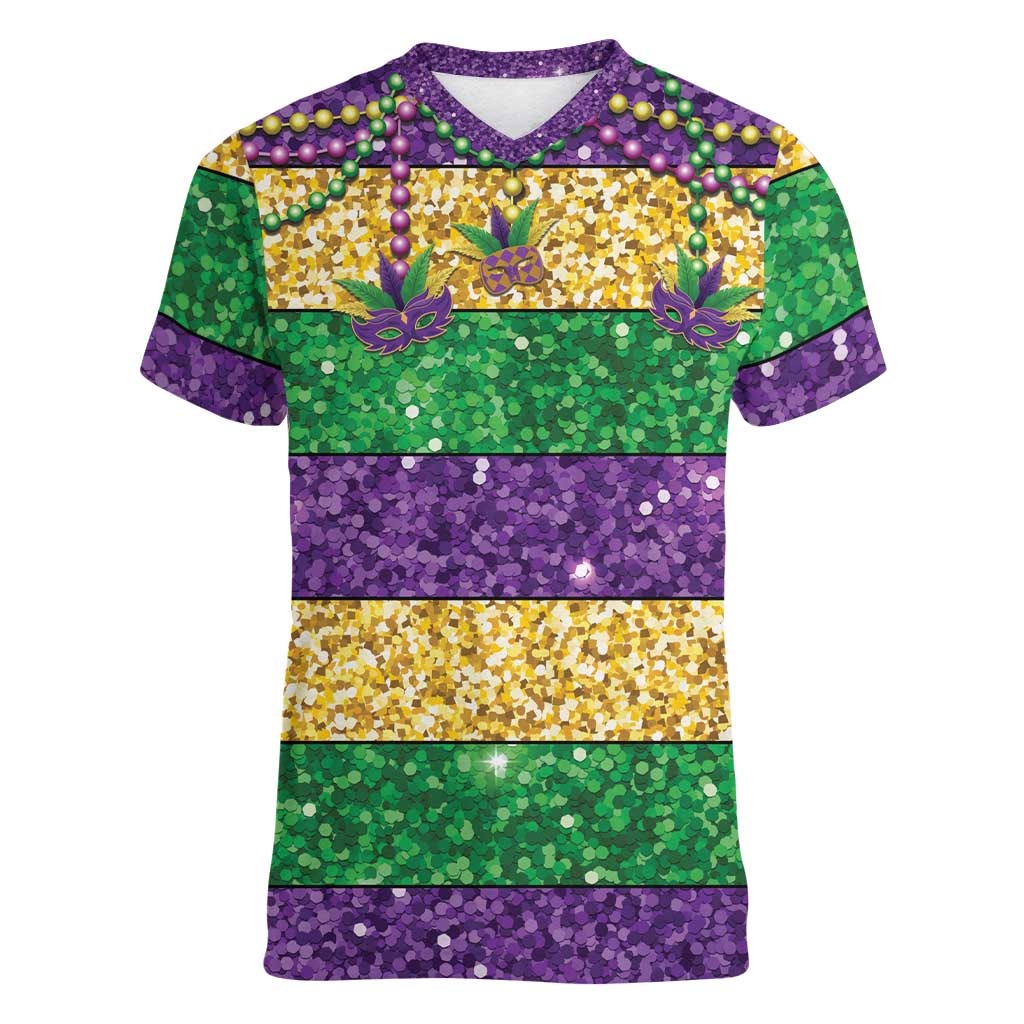 Mardi Gras Stripes Women V-Neck T-Shirt Carnival Beads & Masks