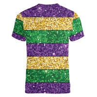 Mardi Gras Stripes Women V-Neck T-Shirt Carnival Beads & Masks