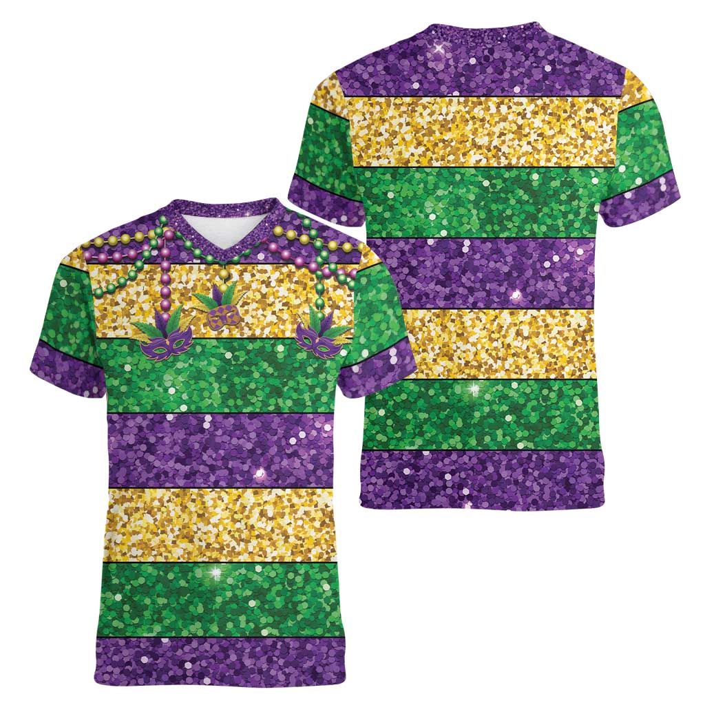 Mardi Gras Stripes Women V-Neck T-Shirt Carnival Beads & Masks