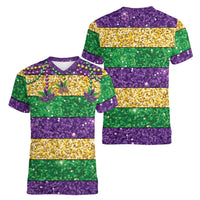 Mardi Gras Stripes Women V-Neck T-Shirt Carnival Beads & Masks