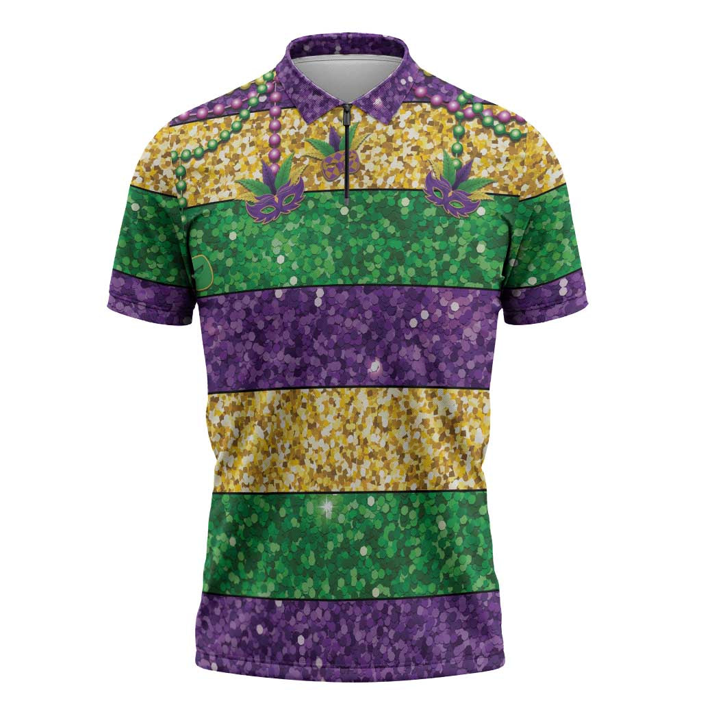 Mardi Gras Stripes Zipper Polo Shirt Carnival Beads & Masks