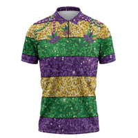 Mardi Gras Stripes Zipper Polo Shirt Carnival Beads & Masks