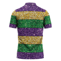 Mardi Gras Stripes Zipper Polo Shirt Carnival Beads & Masks
