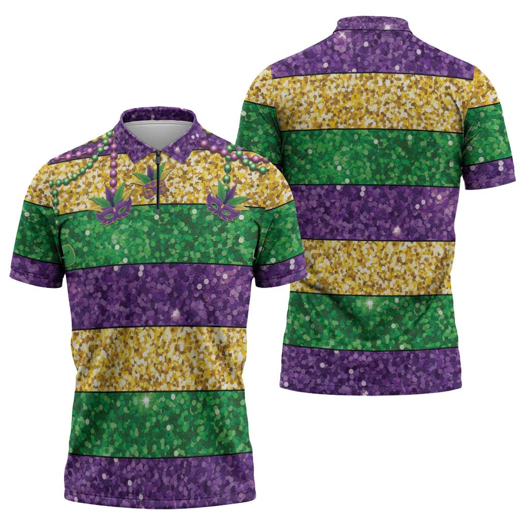 Mardi Gras Stripes Zipper Polo Shirt Carnival Beads & Masks