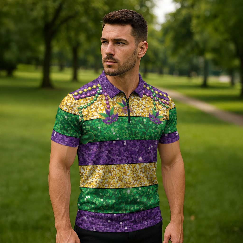 Mardi Gras Stripes Zipper Polo Shirt Carnival Beads & Masks