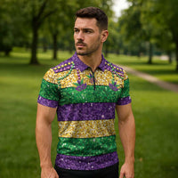 Mardi Gras Stripes Zipper Polo Shirt Carnival Beads & Masks