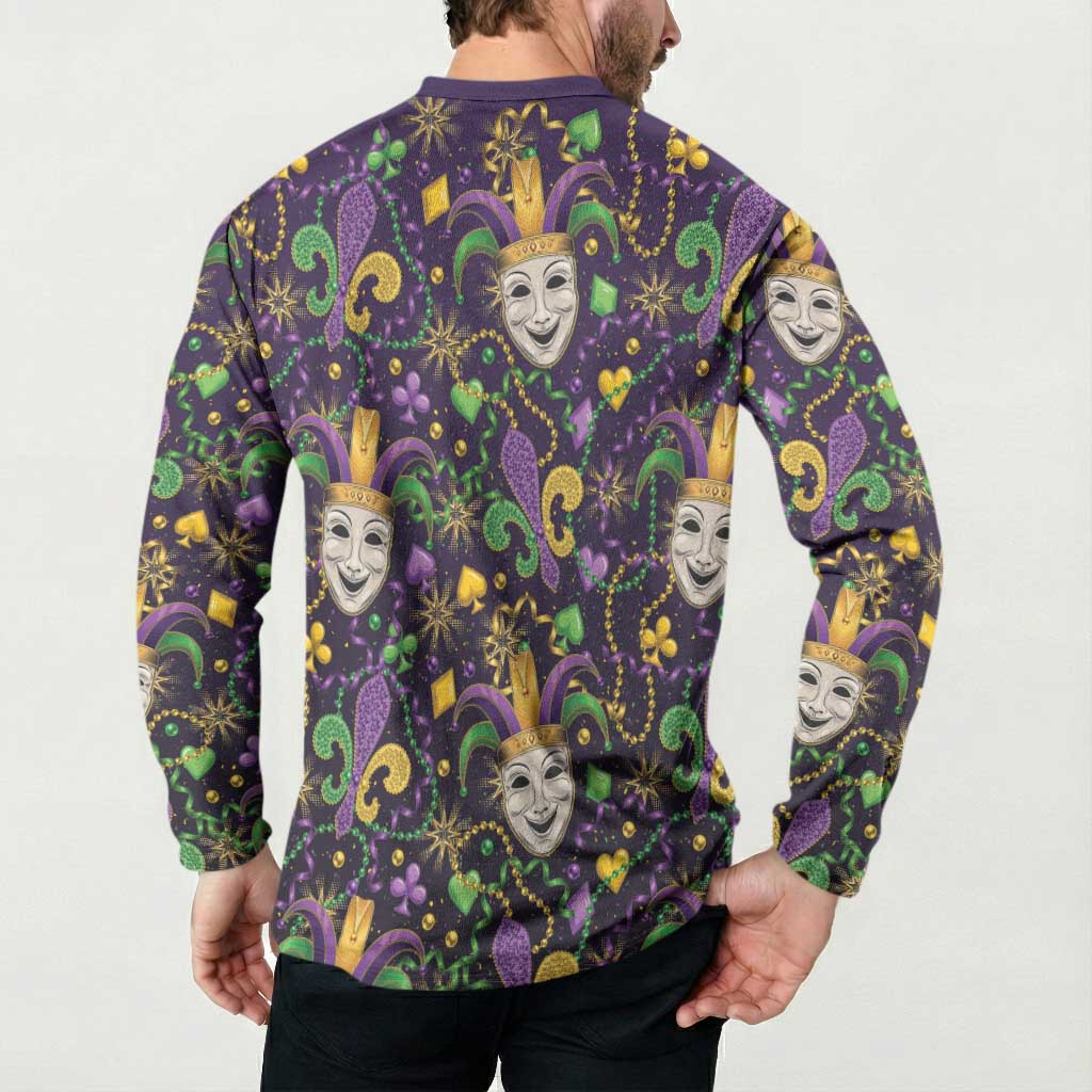 Mardi Gras Carnival Night Button Sweatshirt Jester Mask Fantasy