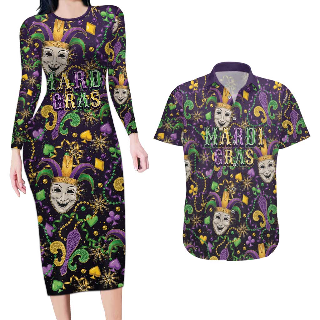 Mardi Gras Carnival Night Couples Matching Long Sleeve Bodycon Dress and Hawaiian Shirt Jester Mask Fantasy