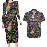 Mardi Gras Carnival Night Couples Matching Long Sleeve Bodycon Dress and Hawaiian Shirt Jester Mask Fantasy