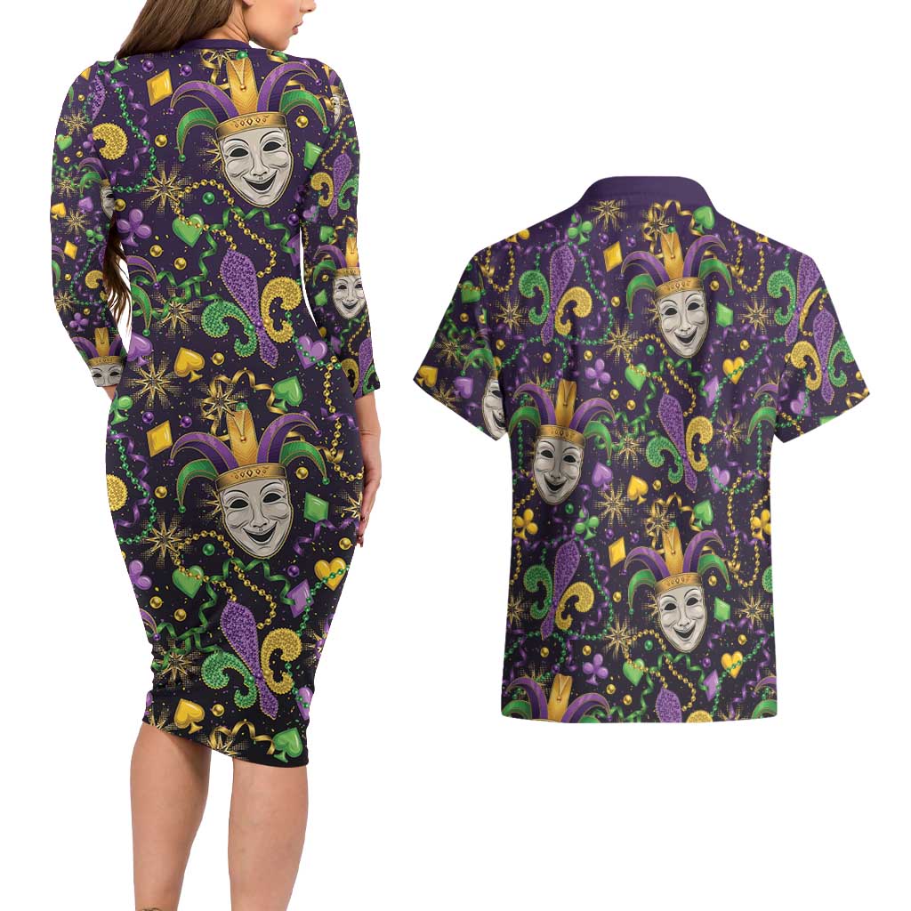Mardi Gras Carnival Night Couples Matching Long Sleeve Bodycon Dress and Hawaiian Shirt Jester Mask Fantasy