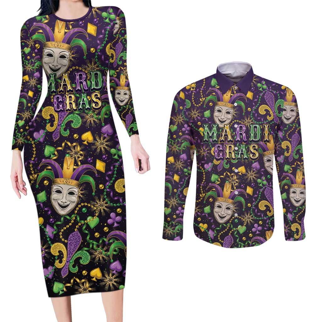 Mardi Gras Carnival Night Couples Matching Long Sleeve Bodycon Dress and Long Sleeve Button Shirt Jester Mask Fantasy