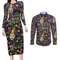 Mardi Gras Carnival Night Couples Matching Long Sleeve Bodycon Dress and Long Sleeve Button Shirt Jester Mask Fantasy