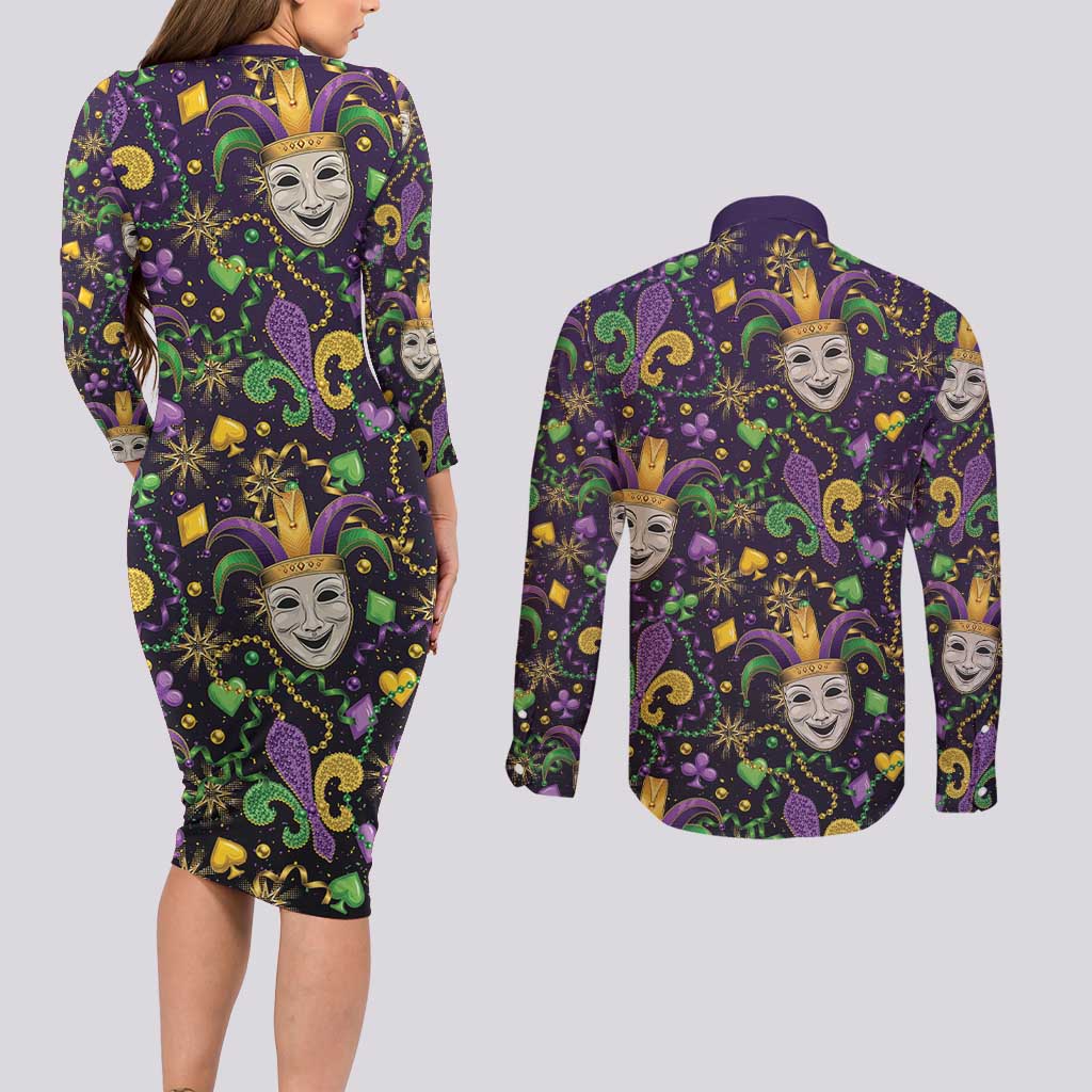 Mardi Gras Carnival Night Couples Matching Long Sleeve Bodycon Dress and Long Sleeve Button Shirt Jester Mask Fantasy